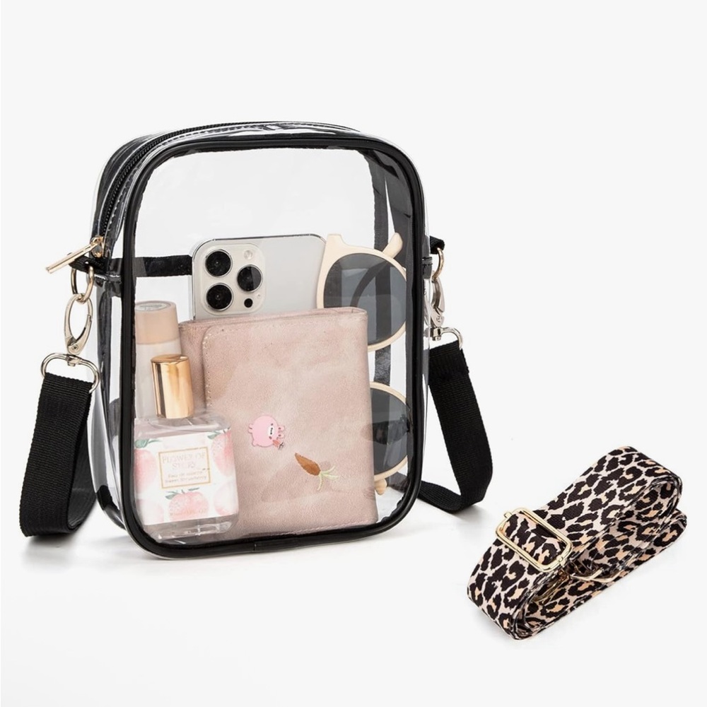 Clear Stadium-Approved Crossbody Bag with Black Trim, Detachable Leopard Strap